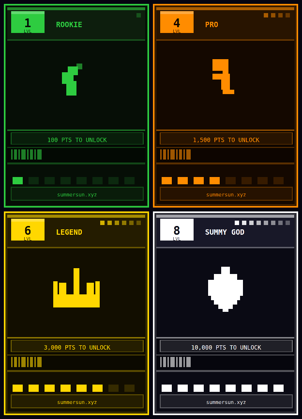 summersunxyz's tweet photo. 🏅 Score Reward NFTs are now live on #RobinhoodChain

Play Pass holders: mint your level card now 🎮

8 levels · ROOKIE → SUMMY GOD
The higher your arcade score, the rarer your card
Mint for just 0.0001 ETH at https://t.co/ng4JdgIbnf

#SUMMY #SummerSun #NFT #Web3Gaming #Uniswap https://t.co/wbd7ObyHig