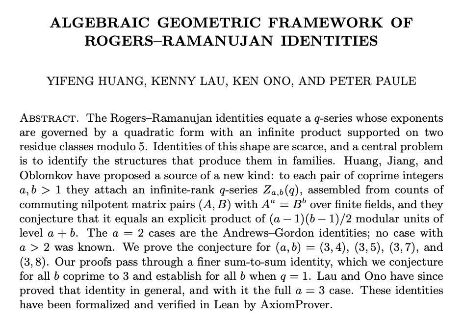 Y_F_Huang's tweet photo. We studied the first unknown family (3,b) of the HJO conjecture. We conjectured that it reduces to A_2 Rogers--Ramanujan identities of Warnaar. This assertion amounts to a sum=sum conjecture, which we prove for b at most 8. @axiommathai @leanprover @KenOno691 https://t.co/VRoByzxOXQ