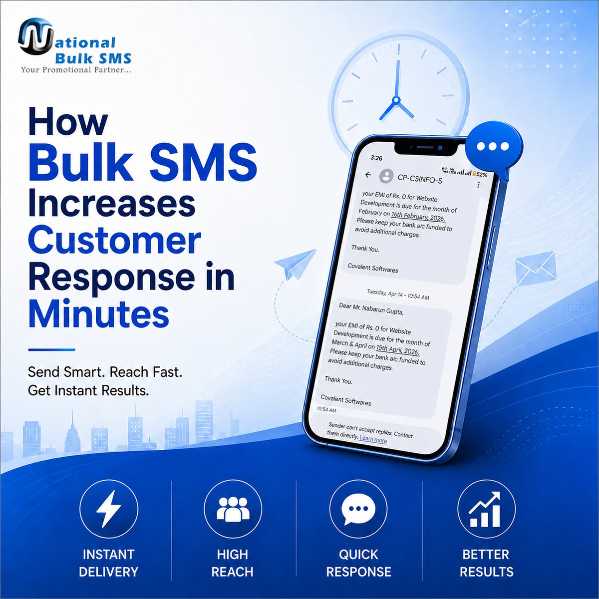 nationalbulksms's tweet photo. : Reach customers quickly and encourage faster responses with well-timed Bulk SMS campaigns.
#BulkSMS #CustomerEngagement #SMSMarketing #BusinessResults #NationalBulkSMS https://t.co/0IHbhGzjxp