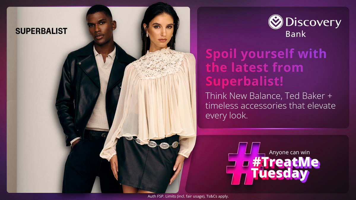 Discovery_SA's tweet photo. This TreatMeTuesday, treat yourself to statement pieces you’ll love from @superbalist and earn up to 15% back in Ðiscovery Miles when you shop.

Plus, stand to win Ð50,000 by telling us how you love spending your Ðiscovery Miles. Reply with 💜DiscoveryBestBank. Ts&amp;Cs apply https://t.co/JEqyM30bLB