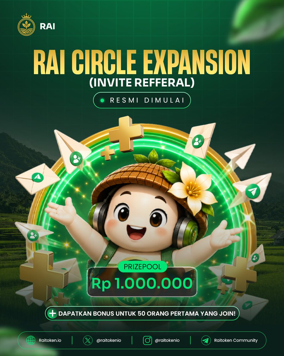 raitokenio's tweet photo. 🌱 The RAI CIRCLE EXPANSION has officially kicked off, Raizen!

Invite your close friends to join the RAI TOKEN Community—invite as many as you can and aim for the top spot on the referral leaderboard!

🎁 Total Prize Pool: Rp1,000,000

🥇 1st Place → Rp350,000
🥈 2nd Place → Rp250,000
🥉 3rd Place → Rp200,000
🏅 4th–5th Place (2 people) → Rp100,000/person

Plus, a $0.5 participation bonus for the first 50 people (FCFS)!

📌 Signing up is easy:
✅ Follow X @raitokenio
✅ JOIN TG Channel https://t.co/FBllCME25l
✅ JOIN TG Discussion https://t.co/hMNy09LlkK
✅ Fill out this Google Form: https://t.co/7bEqGjcyoq
✅ Check the details: https://t.co/dD3ceTp4bX

🗓️ Period: August 18 – September 1, 2026

Let’s grow the RAI Token circle together! 🤝
#RAIToken #RAICircleExpansion #Raizen