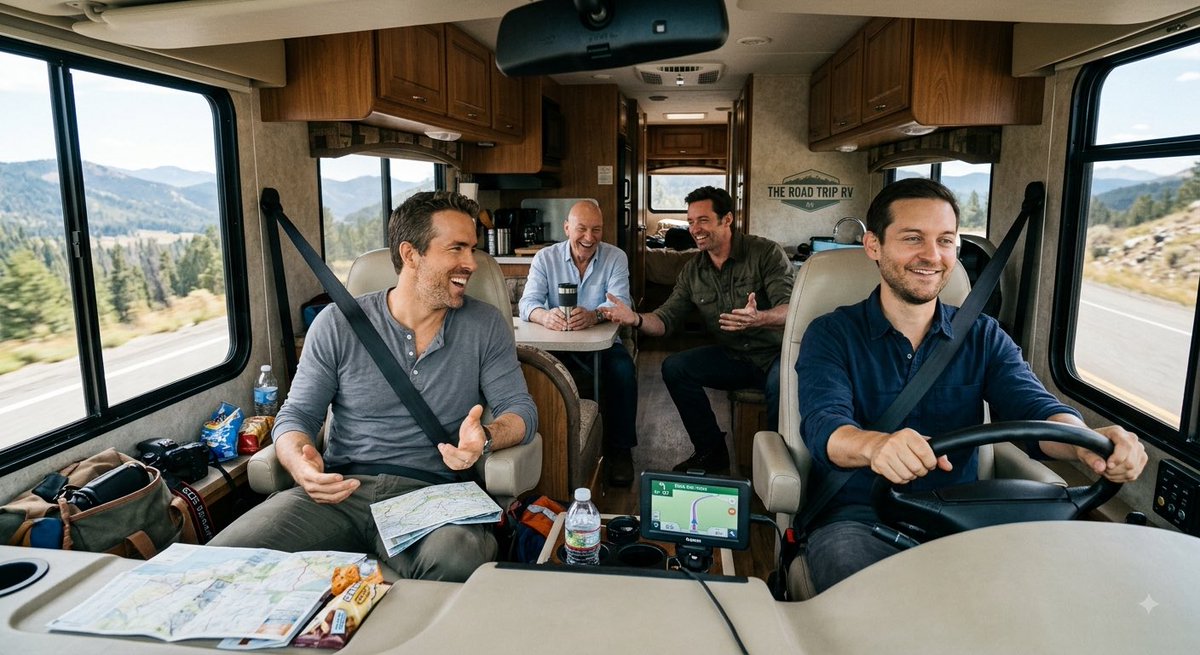 matt_91X's tweet photo. #Ai #AiArt #TobeyMaguire #RyanReynolds #HughJackman #PatrickStuart #RV #RoadTrip #Friends #Celebrity #Celebrities #Map #Viewpoint #Vacation #Travel #Places #Water #Laugh #Water https://t.co/VayChkdYtm