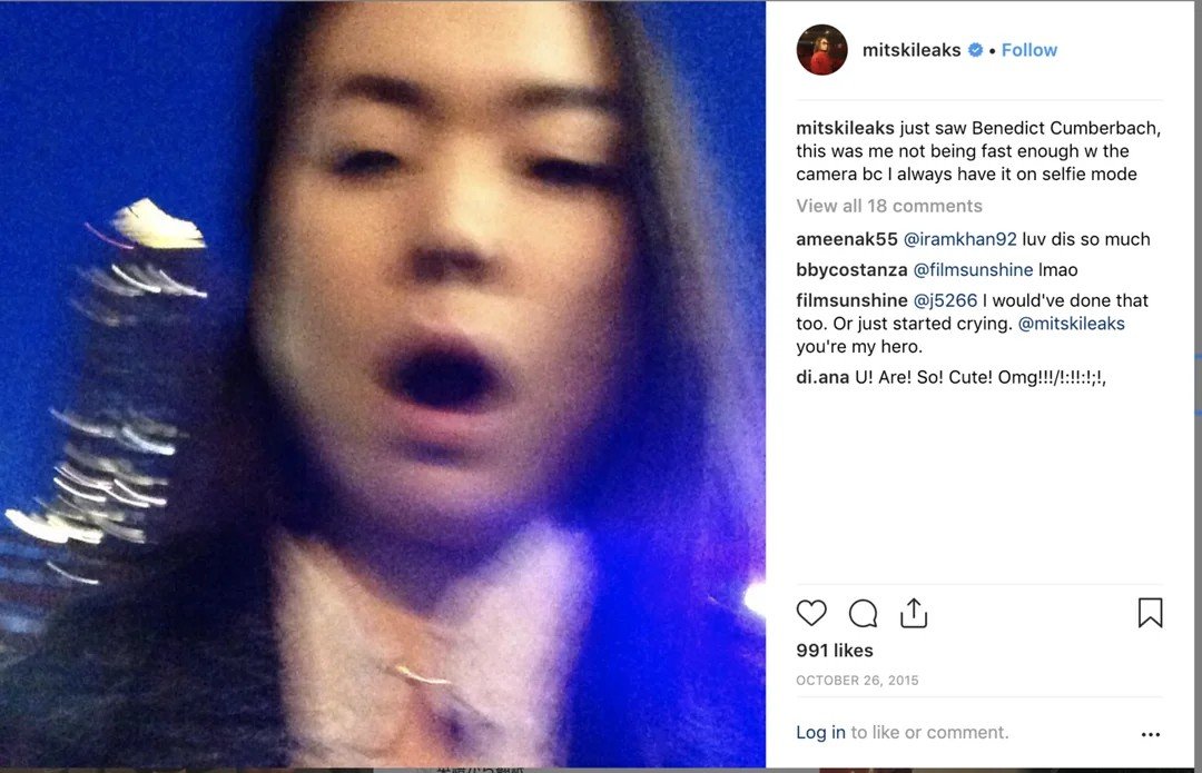 mitskicentral's tweet photo. that time mitski met benedict cumberbatch but took a photo of herself instead https://t.co/t2yrK1cEMQ