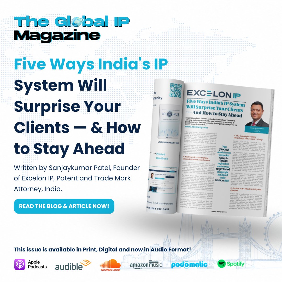 IP_Matrix's tweet photo. Five ways India’s IP system could surprise your clients.

In The @GIP_Magazine_ Issue 25, Sanjay Patel, Founder of @excelonip, explores key risks and opportunities international counsel should know when protecting IP in India.

Blog: https://t.co/lonftG3UVp

#IPLaw #ExcelonIP https://t.co/zbZriLyyzg