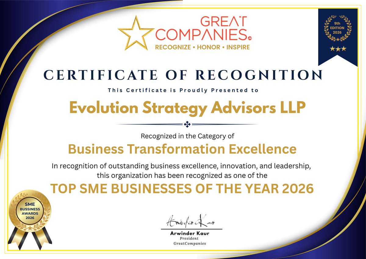 esallp's tweet photo. Evolution Strategy Advisors LLP Recognized for Business Transformation Excellence at the 9th SME Business Award 2026 by GreatCompanies https://t.co/p96y2nhVzx https://t.co/fqS9MaYqLf