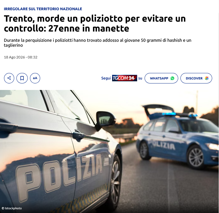 riktroiani's tweet photo. A #Trento, tenta di mordere un #poliziotto e di sferrare un pugno ad un altro agente.
Protagonista uno #straniero irregolare bloccato e arrestato dalle volanti.
Durante la perquisizione i poliziotti gli hanno trovato addosso 50 grammi di hashish e un taglierino.
Scene di ordinaria integrazione... 😡🤬