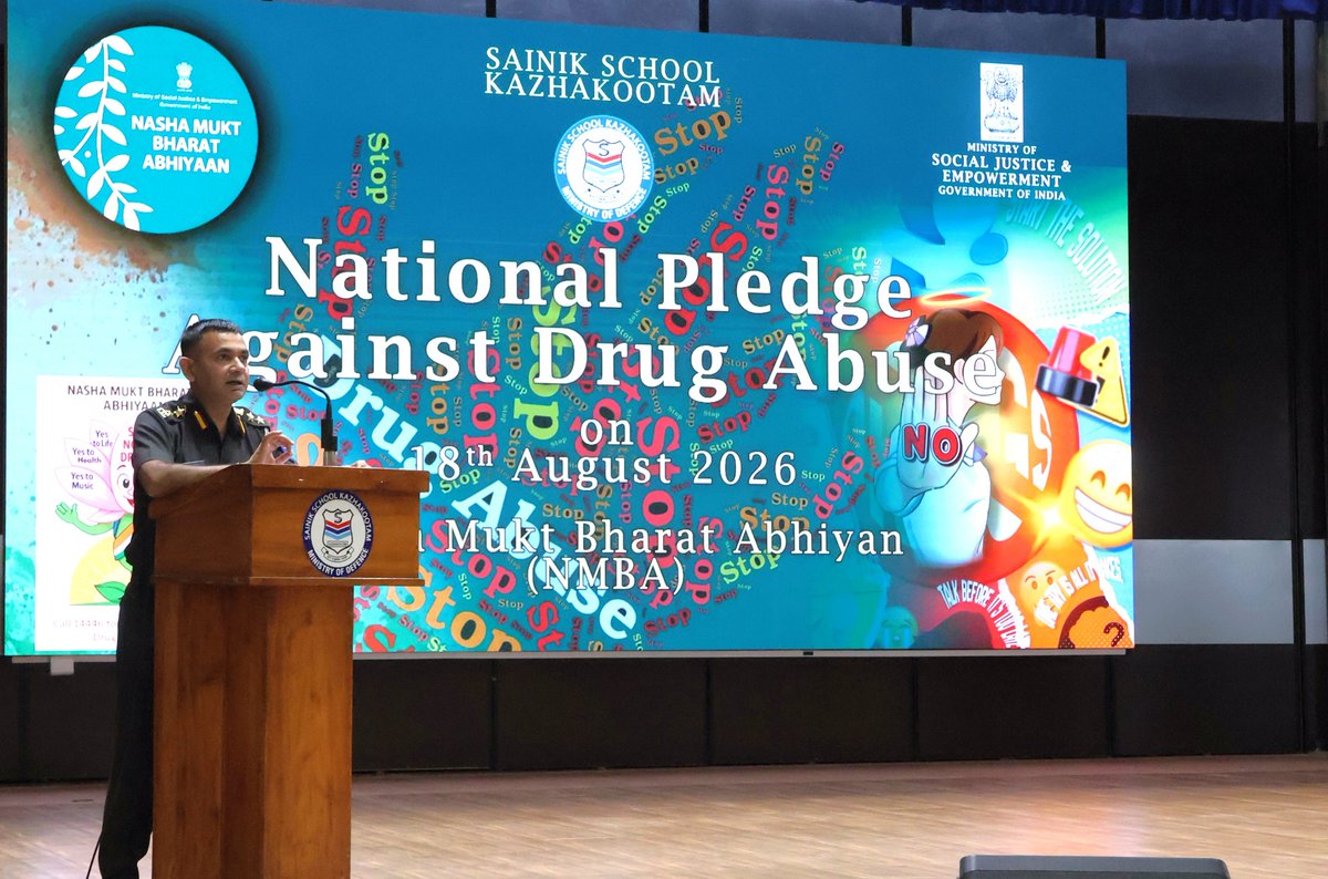 DefencePROTvm's tweet photo. #SainikSchoolKazhakootam joined the nationwide observance of the National Pledge Against Drug Abuse organised as part of the 6th anniversary of the #NashaMuktBharatAbhiyaan (NMBA). The initiative seeks to strengthen collective awareness and action against substance abuse and to encourage educational institutions, families and communities to contribute towards building a healthier and #drugfreeIndia. Cadets delivered speeches highlighting the objectives of the Nasha Mukt Bharat Abhiyaan.  
Addressing the gathering, Col Abhishek Vohra, Principal, Sainik School Kazhakootam, highlighted the significance of the day and the larger objectives of the Nasha Mukt Bharat Abhiyaan.  Teachers and staff members participated in the online NMBA pledge.

#MoD #SainikSchool
#IndianArmy #IndianNavy #Airforce