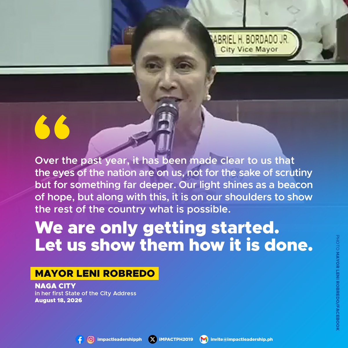iMPACTPH2019's tweet photo. LENI: 'WE ARE ONLY GETTING STARTED. LET US SHOW THEM HOW IT IS DONE.'

Naga City Mayor Leni Robredo vowed to sustain her administration's reform agenda, declaring that its first year in office was only the beginning of its efforts to transform the city.

https://t.co/KTTxYWu9wC https://t.co/BXR1FF5wgL