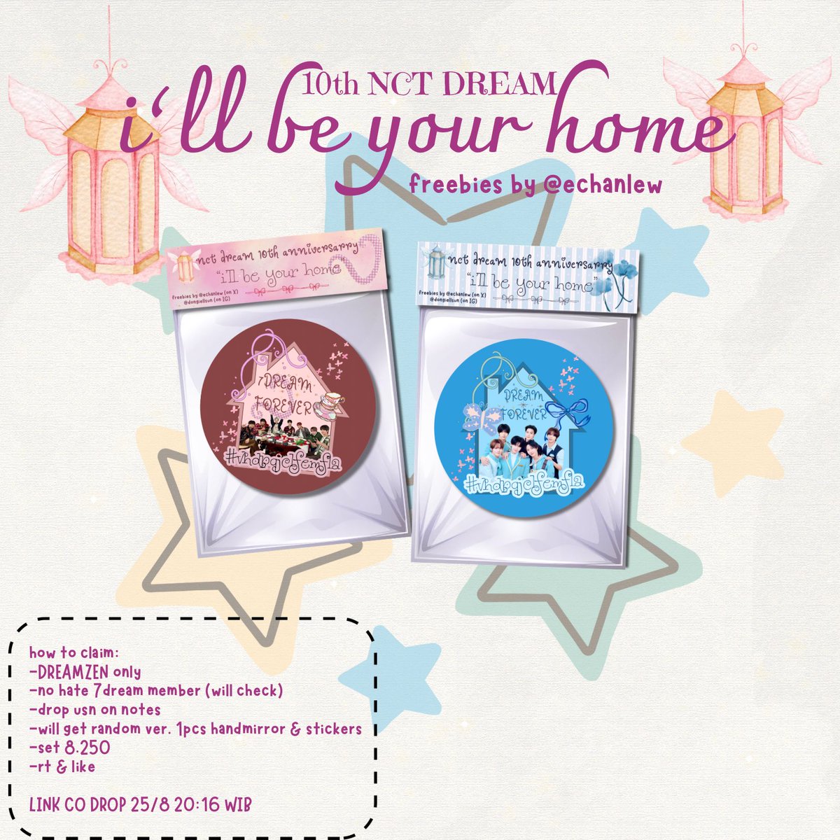 echanlew's tweet photo. 𐙚  NCT DREAM 10th anniversary freebies by echanlew 𐙚

how to claim:
໒꒱  no hate 7 dream (will check) ෆ
໒꒱  link will be share at 25/8 20:16 WIB
໒꒱  get 1 random ver handmirror &amp; sticker (1 set/acc)
໒꒱  write usn
໒꒱  pls don’t throw &amp; sell😔 kindly tag me if u get this🫰 https://t.co/zSNVEtykQG