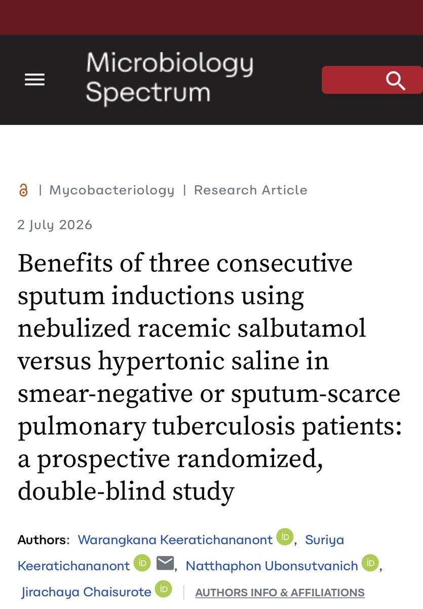 infeccHRUmalaga's tweet photo. Si poca expectoración📉😗💦 o esputo Negativo💦➖#EnsayoClínico donde 3 aerosoles d #SALBUTAMOL mejoraron el diagnóstico frente a los d #SueroFisiologico en #TuberculosisPulmonar🧫🫁con menos efectos 2ios (broncoespasmo,opresión torácica)
Exclusión 📸3
🔗🆓https://t.co/4Atm8TMO94 https://t.co/nqw3HNUguX