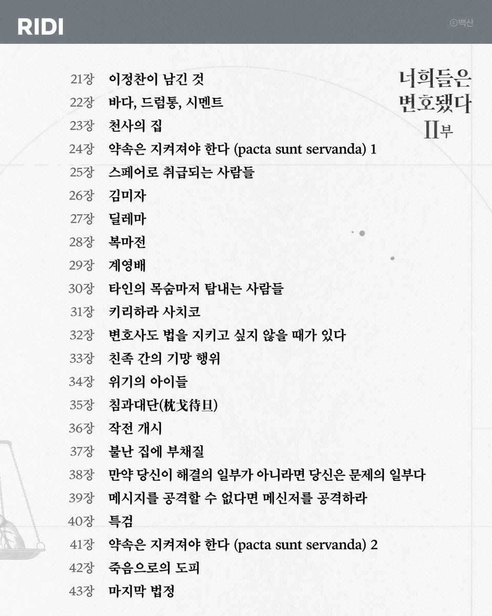 RIDI_twt's tweet photo. 좋은 작품은 목차만 봐도
느낌이 딱 오는 거 아시죠?

유명한 <변호됨>의 소제목들을
목차로 정리해 보았어요.

여러분의 최애 소제목은 무엇인가요?

작품 보기👉 https://t.co/cDgVmzjacy

#리디웹소설 #리디 #너희들은변호됐다 https://t.co/0zSEPtCl1N