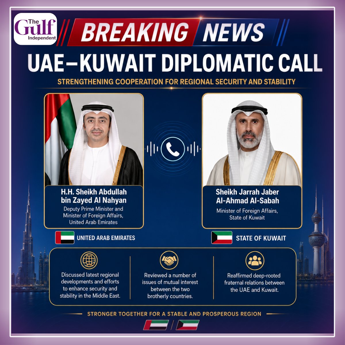 IndependentGulf's tweet photo. UAE and Kuwait reaffirmed their deep-rooted fraternal ties as Sheikh Abdullah bin Zayed and Kuwait’s Foreign Minister Sheikh Jarrah Jaber Al-Ahmad Al-Sabah discussed regional developments and shared interests.

#UAEKuwait #Diplomacy #MiddleEast #GCC #AbdullahBinZayed https://t.co/PKRDEsilRG