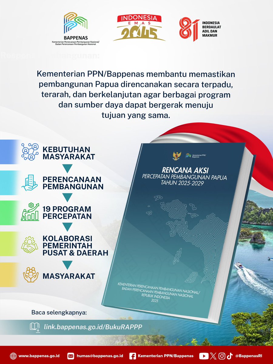 BappenasRI's tweet photo. Melalui Rencana Aksi Percepatan Pembangunan Papua 2025–2029, pemerintah mendorong 19 program percepatan untuk mewujudkan Papua Sehat, Cerdas, dan Produktif. Mari bersama-sama kita #MembangunIndonesia yang lebih sejahtera 🇮🇩🇮🇩 

#Bappenas #PembangunanPapua #HUT81RI #RAPPP https://t.co/BH6W9J9veJ