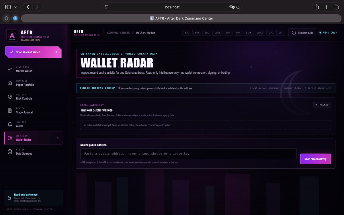 AFTRdarkSOL's tweet photo. AFTR BUILD LOG // WALLET RADAR

Live Solana wallet tracking is now running inside AFTR Command Center.

Public wallets. Real transactions. Real-time intelligence.

75 tests passed. Build clean.

Follow the money. Question the trade.

We build AFTR dark. 🌙 https://t.co/h2Y43zqn5P