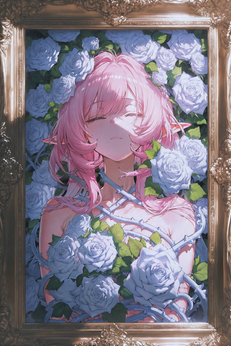 LampInRain's tweet photo. キュレネ (Cyrene) ᝰ.ᐟ

The roses bloom quietly around her, as if guarding a dream.

#HonkaiStarRail
#崩壊スターレイル