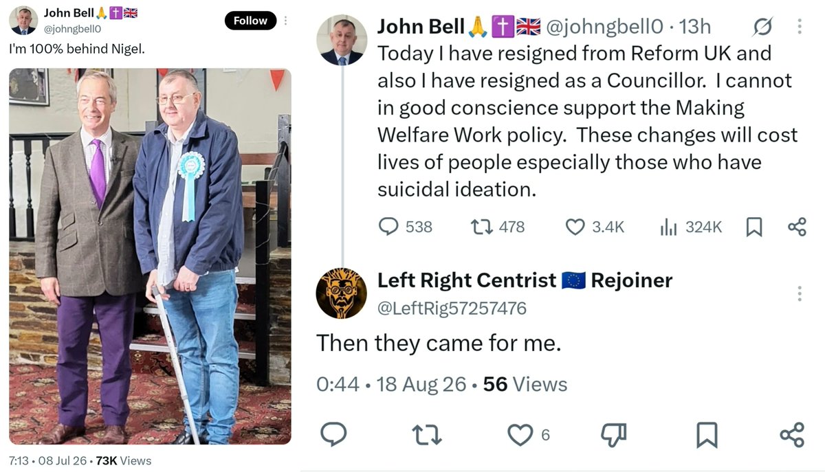 implausibleblog's tweet photo. What a difference a month makes..  

Credit for jumping ship when you become the target of Reform UK's cut to disability support when you're in receipt of some of that support.  

Just a shame that the general hate and division of Reform UK wasn't enough to leave in the first place.
