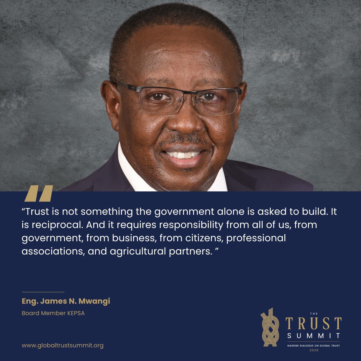 GTSummit2026's tweet photo. Government can't build trust in a vacuum. True market resilience demands skin in the game from business, agriculture, and civic leadership alike. ~ Eng. James N. Mwangi, Board Member @KEPSA_KENYA  #TheTrustSummit #TrustSummit26 #WeavingTrust https://t.co/v0DNOIqqgZ