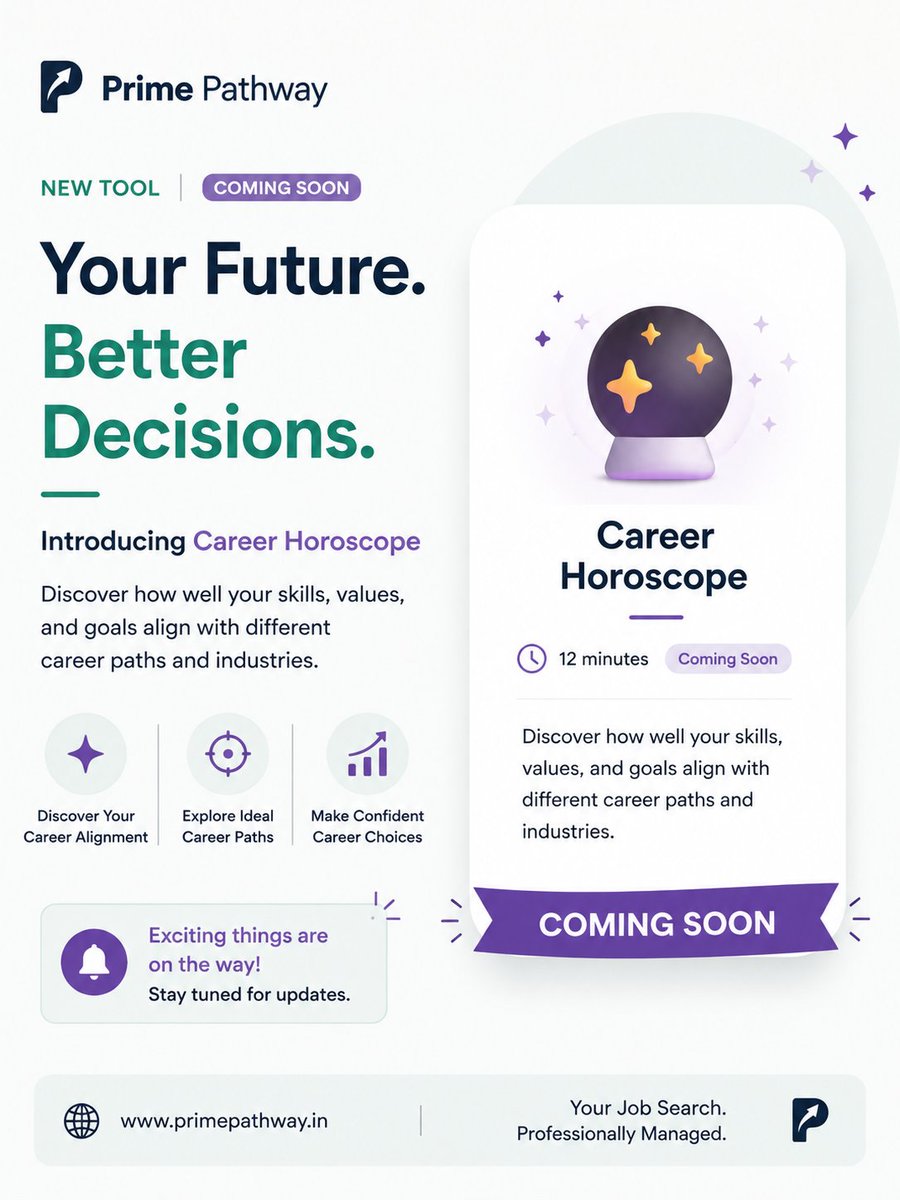PrimePathway's tweet photo. Your future. Better decisions. ✨

Prime Pathway’s Career Horoscope is coming soon! Discover how your skills, values &amp; goals align with different career paths and industries.

🔮 Explore. Align. Choose with confidence.

#PrimePathway #CareerGrowth #CareerAI https://t.co/A3WRkPfO5h