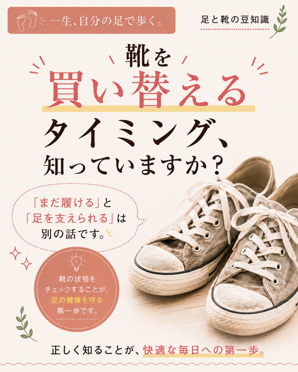 plusrayashiyubi's tweet photo. 👟【靴を買い替えるタイミング、知っていますか？】
「まだ履けるから大丈夫」
そう思って、同じ靴を長く履き続けていませんか？
靴は見た目がきれいでも、履き続けるうちに少しずつ状態が変化していきます。
例えば…
✔ 靴底が大きくすり減っている
✔ 左右で靴底の減り方が大きく違う https://t.co/sZMnWCgCy6