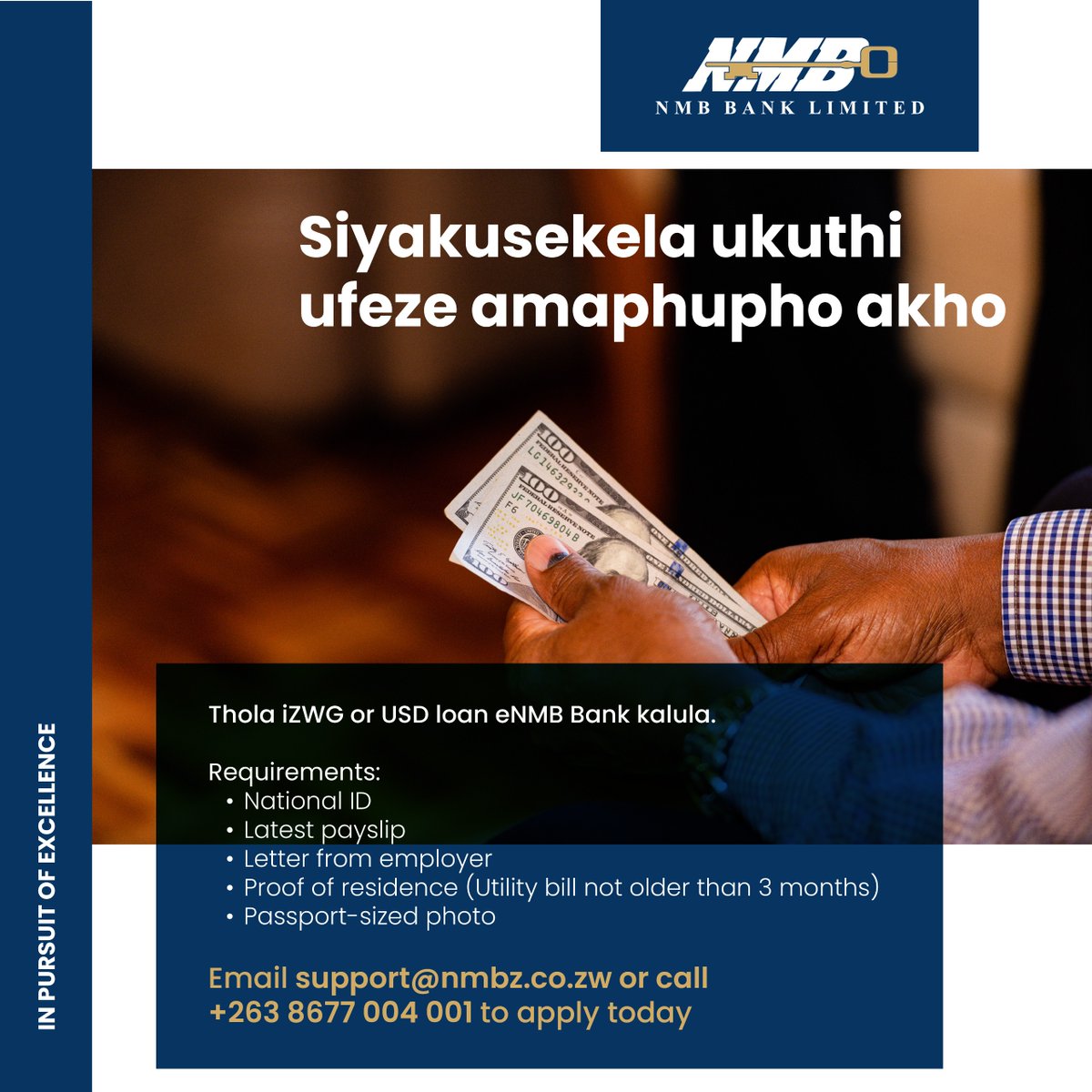 NMBBankZim's tweet photo. If you need a financial push apply for an NMB Personal loan today.
*All NMB Bank loans are applied and processed through official NMB Platforms and at NMB Bank branches. We will never ask for your personal information or OTP over the phone.
#loans #NMBBank #NMBConnect https://t.co/8YecihzJje