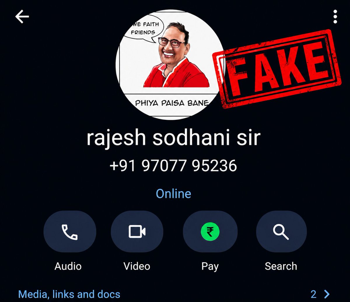 rajsodhani's tweet photo. 🚨 IMPORTANT: BEWARE OF FAKE PROFILES 🚨

A fake WhatsApp profile is circulating using the name and image of Rajesh Kumar Sodhani Sir.

⚠️ Please do not trust such profiles, messages or payment requests.

❌ Do not share OTPs, personal details or make any payment.

✅ Always verify the official contact details before communicating.

Stay Alert. Stay Safe. Protect Your Money.

#Alert #FakeProfile #FraudAlert #CyberSecurity #InvestorAwareness #StockMarket #RajeshKumarSodhani #SodhaniGroup