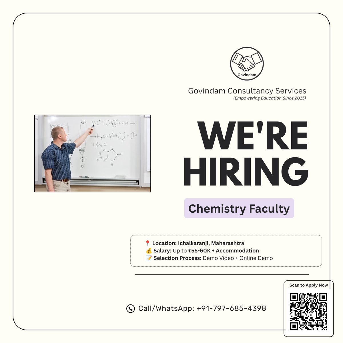GovindamLtd's tweet photo. 📢 Subject: Chemistry Faculty
📍 Location: Ichalkaranji, Maharashtra
📝 Selection Process: Demo Video + Online Demo
💰 Salary: Upto 55-60K + Accommodation

Call Now: 📲 +91-797-685-4398

Apply Here : https://t.co/URsqmLd0qe

#chemistry #teachingjobs #ichalkaranji #nanded #vizag https://t.co/ij4DWK8y1y