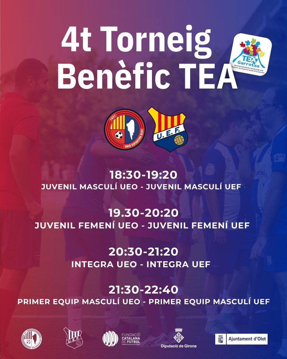 UEO1921's tweet photo. 🍽️ Eʟ ᴍᴇɴᴜ́ ᴘᴇʀ ᴅᴇᴍᴀ̀❗

⚽ Amb 4️⃣ partits a l'Estadi a partir de dos de set:

🔸#JuvenilMasculí - @UEFigueres 
🔸#JuvenilFemení - @UEFigueres 
🔸@cagarrotxa - UEF Integra 
🔸#UEOlot - @UEFigueres 

💰 Preu únic: 🔟€ (destinat al #TEAGarrotxa)

#OlotFigueres #TorneigTEA https://t.co/dkQq0YrokV
