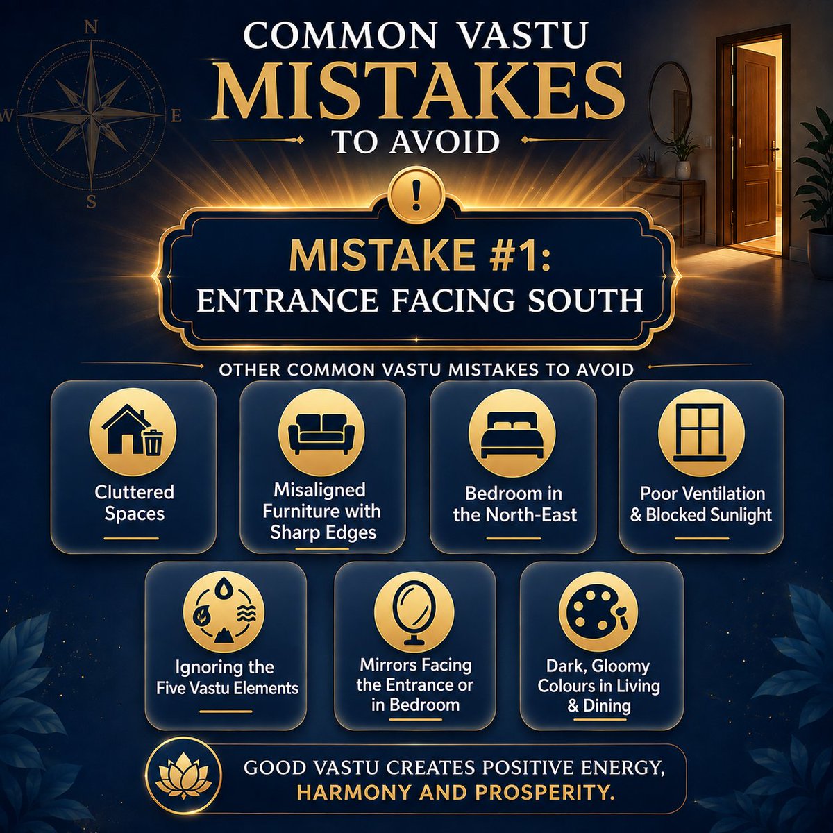 LayeredVastu's tweet photo. Vastu mistakes most homes make:
✗ Entrance facing South
✗ Bedroom in the North-East
✗ Mirror opposite the entrance

To read the complete guide 👇
 https://t.co/3WH0SOdoFy

SHARE &amp; FOLLOW 
For paid personal consultation and guidance: 9354096746
.
#Vastu #VastuTips https://t.co/GkArHqqV7E