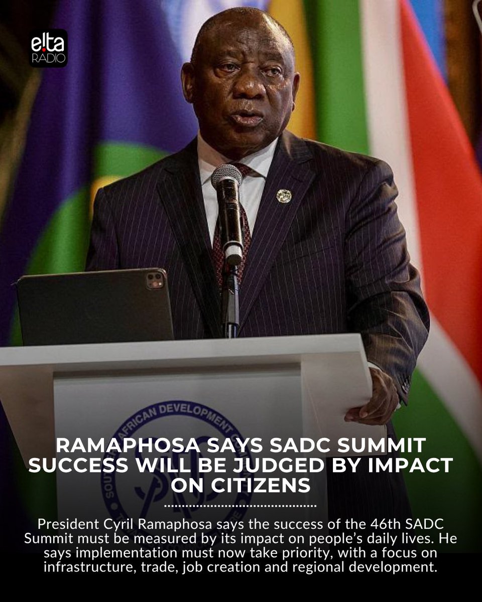 eitaradioza's tweet photo. Ramaphosa says SADC summit success will be judged by impact on citizens

#eitaradio #eitanews #keepingyouinformed #thetownships1stvoice https://t.co/wBlW6UxO1b