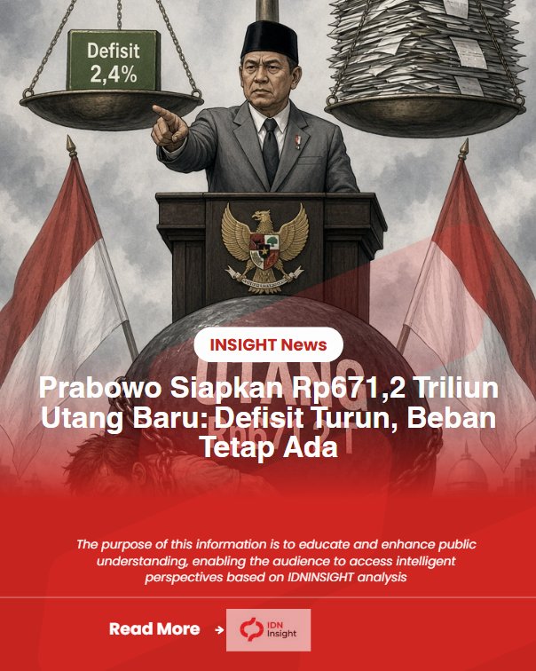 IDNInsight's tweet photo. 📍Prabowo Siapkan Rp671,2 Triliun Utang Baru: Defisit Turun, Beban Tetap Ada

Presiden Prabowo Subianto mengumumkan RAPBN 2027 dengan defisit 2,4 persen dan pembiayaan Rp671,2 triliun. Angka defisit memang lebih rendah dari 2,68 persen tahun sebelumnya, tapi utang baru tetap harus ditarik dalam jumlah ratusan triliun.

Pendapatan negara ditargetkan Rp3.426 triliun, belanja Rp4.097,2 triliun. Selisihnya ditutup utang. Pemerintah menyebutnya langkah disiplin fiskal. 
Bayangin, defisit dipangkas di atas kertas, sementara beban pembiayaan tetap menjadi sandaran utama anggaran.

Padahal kalau utang terus berlanjut akan berdampak  negatif, misalnya:
- Peningkatan utang publik dan beban bunga
- Efek crowding-out
- Risiko inflasi
- Tekanan pada nilai tukar dan kredibilitas fiskal
- Beban generasi mendatang

Delapan program prioritas diluncurkan sebagai alasan belanja besar. 

Semuanya penting. Tapi semuanya tetap bergantung pada utang. Disiplin fiskal versi ini unik, mengklaim lebih hemat sambil terus menambah pinjaman.

RAPBN masih dibahas DPR. Angka bisa berubah. Namun pola yang sama terus berulang: defisit ditekan, utang tetap datang.