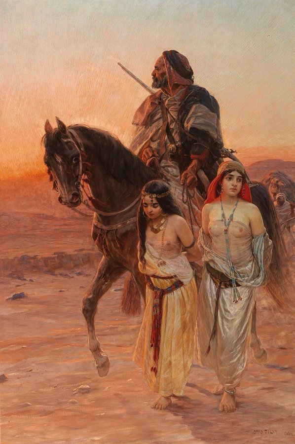 archeohistories's tweet photo. Accusations of slavery and the slave trade often focus on Europe in the modern “guilt-driven” Western historiography, to the point where a significant percentage of people believe that slavery was invented or practiced exclusively by Europeans. However, the truth is that the history of slavery outside the West was a much more common and often more brutal practice.

Perhaps the most populous was the Arab slave trade, with numbers in the Sub-Saharan region alone estimated between 6 and 10 million. This trade emerged in the 7th century, a full 10 centuries before the Atlantic slave trade. Arabs sold Africans in the Middle East for various tasks, such as domestic work, porters, laborers, or harem guards. The castration of male slaves was a common practice, with little concern for their well-being, resulting in more than half of them bleeding to death. It is estimated that three-quarters of the captured slaves died before even reaching the slave markets for sale.

Arabs also established a large network for slave trading in Europe. It is estimated that up to 1.25 million Europeans were enslaved by Berber pirates, who raided villages in coastal Mediterranean countries such as Italy and France, the territories of the Eastern Roman Empire, and Atlantic countries like England and Ireland, transporting them to North Africa for sale. In some cases, entire villages were captured, such as the Irish seaside village of Baltimore, which was raided in 1631.

Of course, the slave trade was not an Arab invention either. On the contrary, the enslavement of conquered tribes was already a common practice in Central Africa. The West African Songhai Empire relied heavily on captured slaves at all levels of society, including soldiers, making it one of the most important sources of revenue. Africans themselves also played a significant role in facilitating the transatlantic slave trade centuries later. African tribes conducted raids on rival groups to provide slaves for sale, and African middlemen facilitated the trade between European merchants (a large percentage of whom were Jewish in origin during the 17th century) and African suppliers.

Additionally, many slaves captured by Berber pirates were sold eastward to the Ottoman Empire. These slaves came from Africa, the Caucasus, the Balkans, and Southeast Europe. A large portion of them were “employed” in sexual slavery, which was a significant part of Ottoman society. Slavic women were highly preferred as slaves, and Köçeks became a popular source of entertainment in the 19th century—these were young boys, usually of European origin, who were circumcised and trained as dancers.

Moreover, hereditary slavery is documented in China dating back to the Xia dynasty around 2100 B.C. There were even Africans who were bought along the Silk Road and used as a symbol of wealth. Naturally, the owner had unlimited power over them and could resell or kill them if they were deemed no longer useful. Additionally, Chinese law began to treat women as property around 1000 A.D., and it became common practice to sell daughters and sisters as slaves. During the Han dynasty (206 BC – 220 AD), laws were issued to limit the ownership of slaves: each king or duke was allowed a maximum of 200 slaves, an imperial princess could have up to 100 slaves, and other officials were limited to 30 slaves each. Vietnam became a major source of slaves, particularly for sexual purposes, during its over thousand-year occupation by Chinese dynasties (111 BC – 939 AD).

📷 : an Orientalist oil painting titled A Caravan (Kidnapped Slave Girls in the Desert) by the Swiss artist Otto Pilny, created before his death in 1936.

#archaeohistories