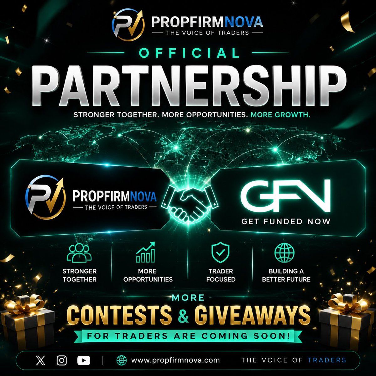 propfirmnova's tweet photo. 🚀 Official Partnership Announcement!

We’re excited to announce that PropFirmNova is now officially partnered with Get Funded Now! 🤝

This partnership is all about creating more opportunities, more value, and more rewards for traders. 🌍📈

🎁 More contests
🏆 More giveaways
🔥 More opportunities for traders
Something big is coming. Stay tuned! 👀
#PropFirmNova #GetFundedNow #Trading #PropTrading #FundedTrader #Giveaway #TradingCommunity #Partnership