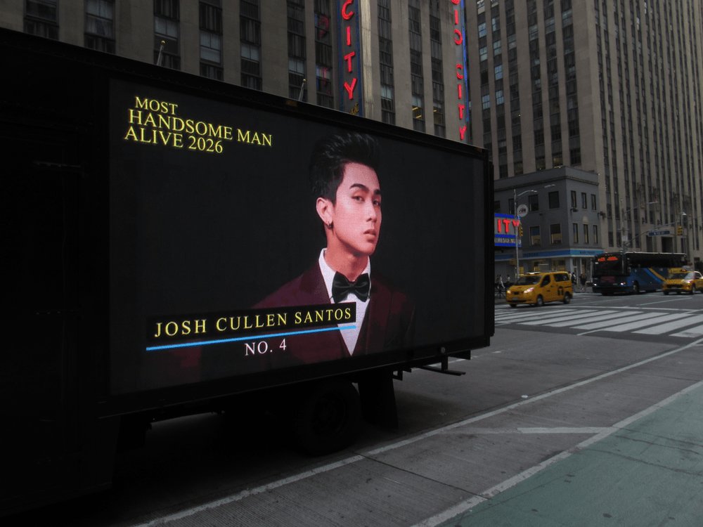 thenreport's tweet photo. Josh Cullen Santos ranks No. 4 among the Top 10 Most Handsome Men Alive 2026 — celebrated with a Times Square truck parade.

#netizenschoice magazine #MHMA2026 #TimesSquare

GET THE MAGAZINE: https://t.co/CTltmz6aVJ https://t.co/e9eeSdYiGv