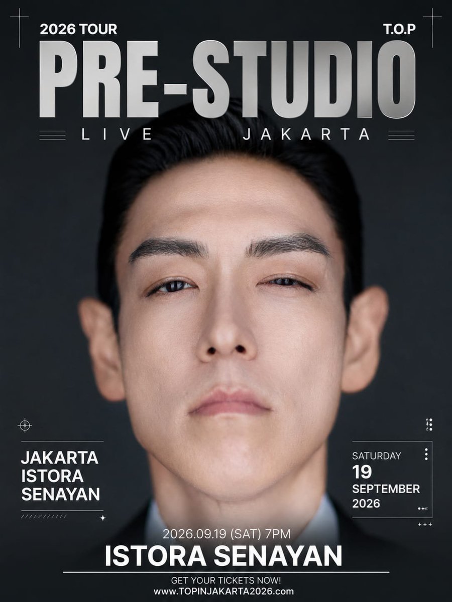 CSHINDO_'s tweet photo. 🔥T.O.P IS COMING TO JAKARTA!🔥

The wait is almost over.
Get ready for T.O.P 2026 TOUR
PRE-STUDIO - LIVE JAKARTA

📍 Senayan, Jakarta
📆Saturday, 19 September 2026
⏰7 PM

Secure your tickets now!👇

https://t.co/6NhGEBCNQp

#CHOISEUNGHYUN #TOP  #최승현 #TOPSPOT #ttt #PRESTUDIO https://t.co/foma5ImLA0