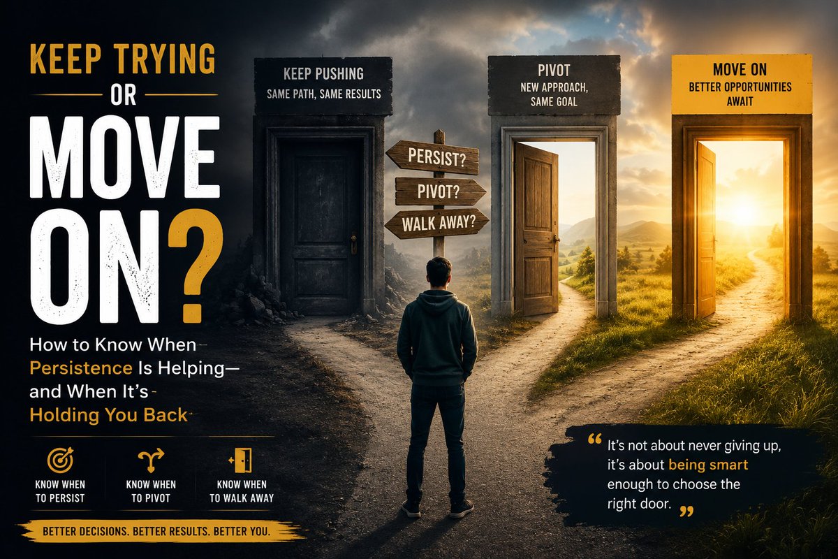 centsinsight's tweet photo. Picture a locked door.

You’ve been told to “never give up,” so you keep knocking—for months, maybe years.

Meanwhile, an open door sits right next to it.

Persistence is praised everywhere, but too many confuse persistence with progress.

The real skill isn’t just knowing how to keep going—it’s knowing when to pivot and when to walk away.

Read my latest blog on the hidden cost of blind persistence: [Link in bio]

#MindsetShift #Guide