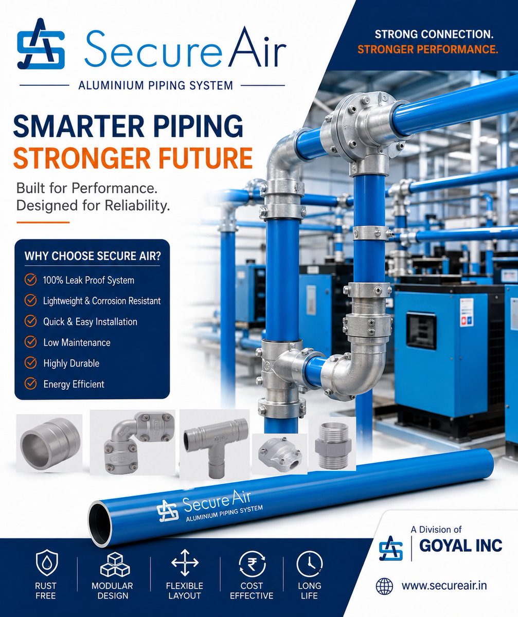 secureair_'s tweet photo. ✨Smarter Piping.Stronger Performance. ✨
Upgrade your compressed air infrastructure with Secure Air Aluminium Piping System — engineered for reliability, efficiency, and long-lasting performance.
Your compressed air system deserves more than just pipes —it deserves performance. https://t.co/y6zjeMZDJk
