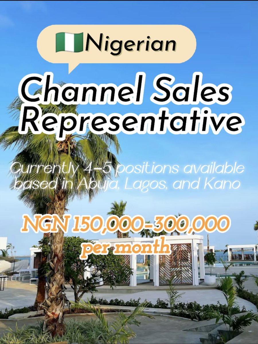 overseas_home's tweet photo. 📢 Hiring: Channel Sales Reps (Nigeria)
📍 Abuja, Lagos & Kano (4-5 slots) 💰 NGN 150K–300K/mo
Reqs:• 3+ yrs sales exp (2+ in solar/energy/building materials) • Strong dealer network & local market knowledge
Apply now! 📩
#NigeriaJobs #SalesJobs #SolarJobs #AbujaJobs https://t.co/ACXcnQV08y