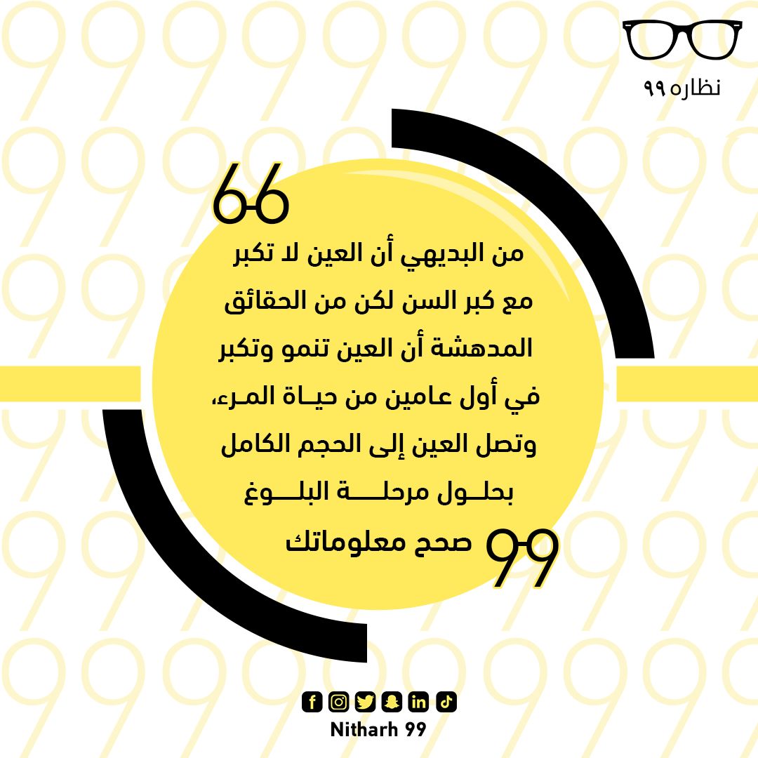 nitharh99's tweet photo. من البديهي أن العين لا تكبر مع كبر السن 
لكن من الحقائق المدهشة أن العين تنمو وتكبر في أول عامين من حياة المرء، 
وتصل العين إلى الحجم الكامل بحلول مرحلة البلوغ
 #نظارة_99 صحح معلوماتك https://t.co/hTg2DSMPyI