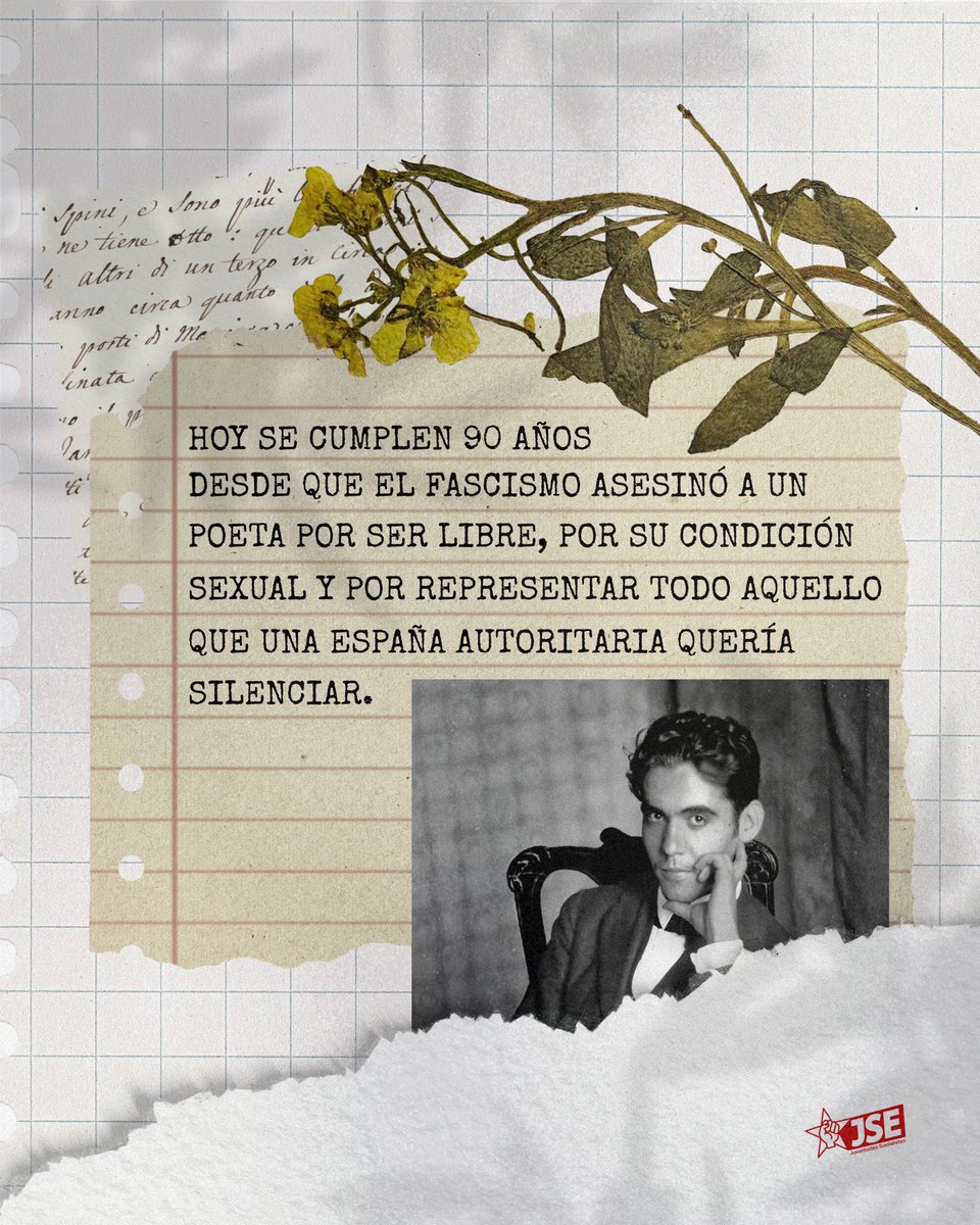 JSE_ORG's tweet photo. 90 años sin Federico García Lorca.

No murió, lo mataron. Sigue vivo en sus versos, sus obras, en sus personajes y en todas las generaciones que seguimos reivindicando su legado.

Seguimos haciendo memoria. https://t.co/0C5psI4O3e