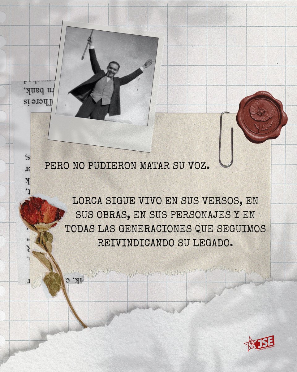 JSE_ORG's tweet photo. 90 años sin Federico García Lorca.

No murió, lo mataron. Sigue vivo en sus versos, sus obras, en sus personajes y en todas las generaciones que seguimos reivindicando su legado.

Seguimos haciendo memoria. https://t.co/0C5psI4O3e
