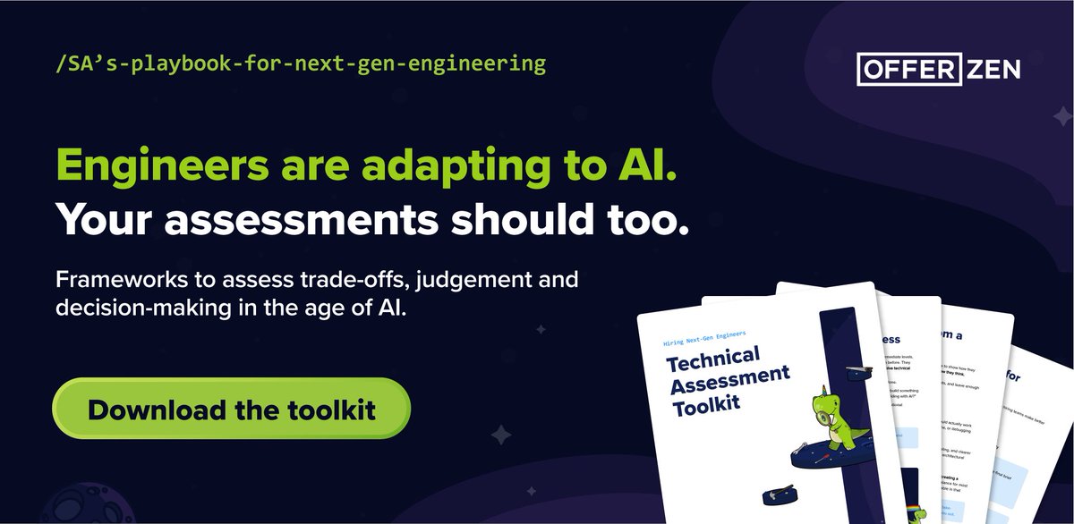 OfferZen's tweet photo. “The strongest signal is often not the code itself, but the thinking that goes behind it.”

That’s how Dinielia, a Talent Partner at OfferZen, summed it up in our recent next-gen engineer session.

We put together a free Technical Assessment Toolkit to help you dig deeper than just code. It’s packed with ways to assess judgement, problem-solving, trade-offs, and real ownership – the skills that matter when you’re hiring engineers in an AI-assisted world.

Download the toolkit 👉 https://t.co/2gTLUTWvBZ