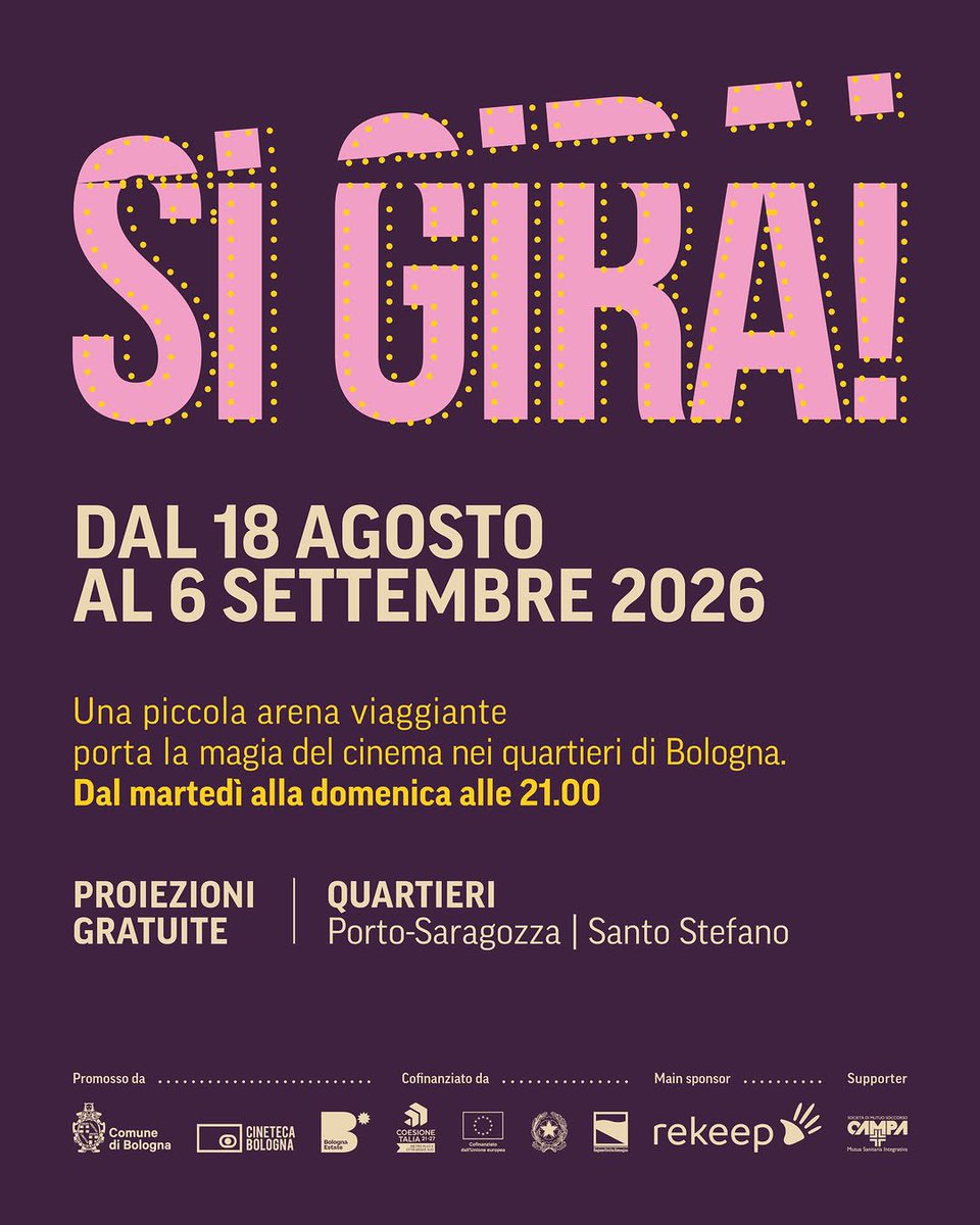 BolognaWelcome's tweet photo. 🎬 Al via oggi SI GIRA!, la rassegna gratuita della Cineteca di #Bologna che porta il grande schermo nei quartieri della città 👉🏼 https://t.co/7mxrDlaQVV @turismoER https://t.co/dLPdG58T37