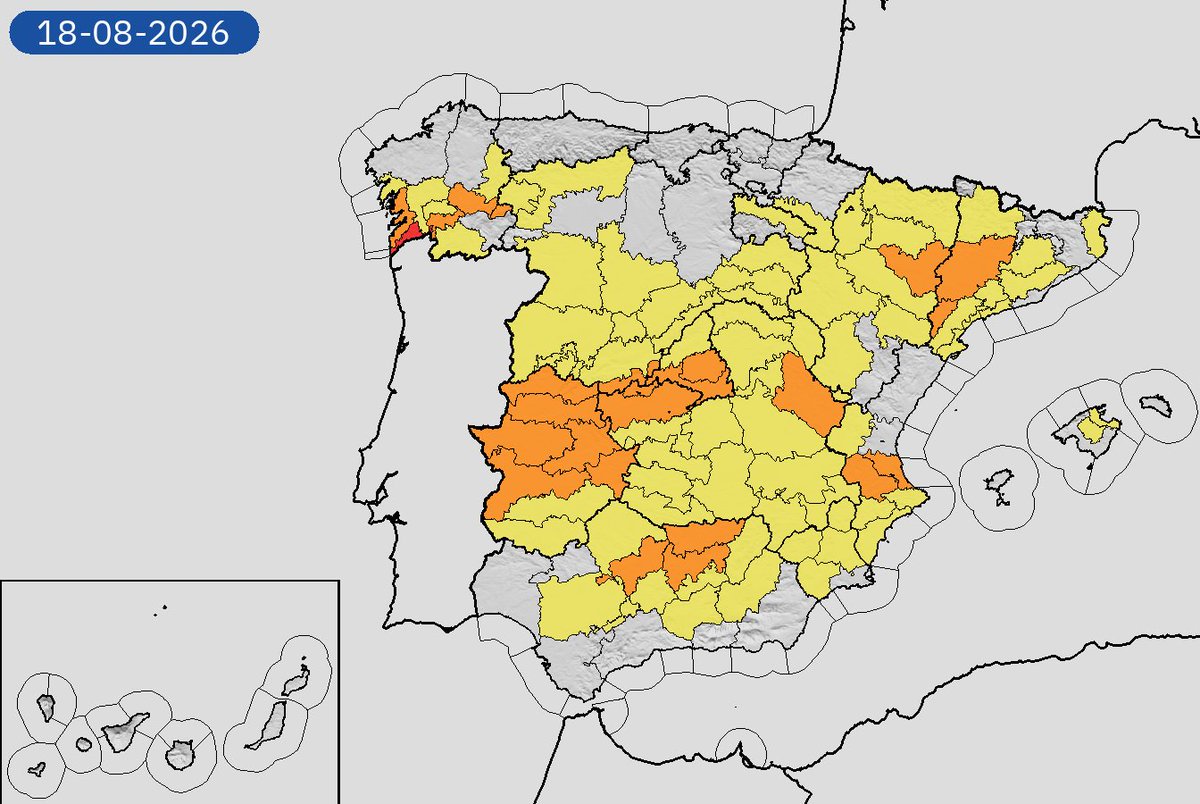 AEMET_Esp's tweet photo. 18/08 10:06 AVISOS HOY Y MAÑANA | España: temperaturas máximas, tormentas y lluvias. Nivel máximo de aviso: rojo.
Actualizaciones en https://t.co/BLdoSsO2Qv https://t.co/e0RiSN0UCQ