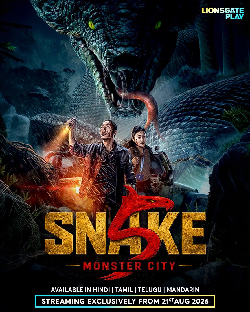 TheCineSpark's tweet photo. 🐍🔥 SNAKE 5: MONSTER CITY – OTT RELEASE!

The Chinese monster-action thriller #Snake5: Monster City (2026) is coming to Lionsgate Play! 🎬🔥

📅 Streaming from August 21, 2026
🎧 Audio: Tamil | Telugu | Hindi | Mandarin
📺 Streaming exclusively on Lionsgate Play

Get ready for a massive monster battle! 🐍💥

👉 Follow @TheCineSpark for more OTT & movie updates!

#Snake5 #MonsterCity #LionsgatePlay #TamilOTT #OTTRelease #ChineseCinema #TheCineSpark