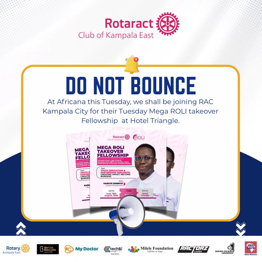 rctkampalaeast's tweet photo. π¨ DO NOT BOUNCE! π₯
Kampala East is stepping out! β€οΈπ§‘ Weβre joining RAC Kampala City for the Mega ROLI Takeover Fellowship this Tuesday at Hotel Triangle.
Come connect, learn, innovate & fellowship! π€πΎπ
#RotaractKampalaEast #MegaROLI #DoNotBounce https://t.co/auEISprtQo