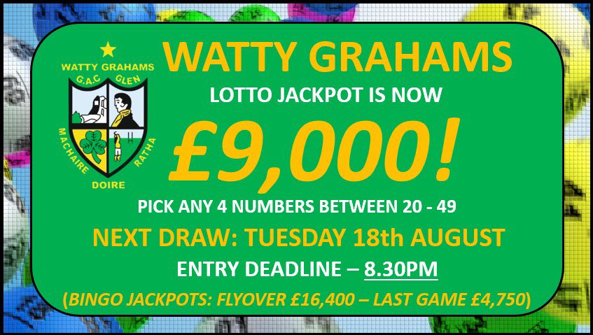 WattyGrahamsGAA's tweet photo. Tonight's lotto jackpot is £9,000!
Play online at https://t.co/HnCNydI8JM
Deadline is 8.30pm.
Minimum play is £5.
Good luck!

2 Bingo jackpots: 
Flyover £16,400.  
Last Game £4,750. https://t.co/4ZgFpUsmLF