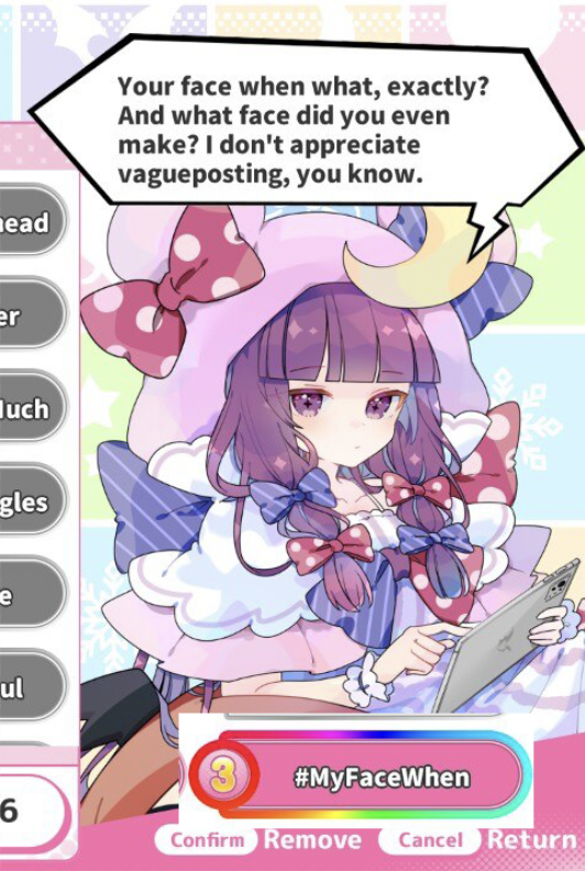 AsthmaticMage's tweet photo. In BeatMario Internet Survivor Survivors, Patchouli gives you dialogue for whatever hashtag you buy and they're amazing https://t.co/jDRKNjowAz