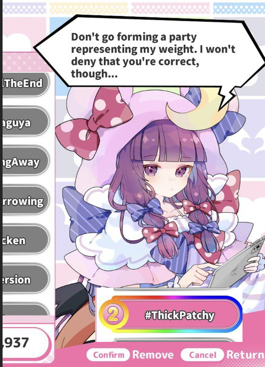 AsthmaticMage's tweet photo. In BeatMario Internet Survivor Survivors, Patchouli gives you dialogue for whatever hashtag you buy and they're amazing https://t.co/jDRKNjowAz