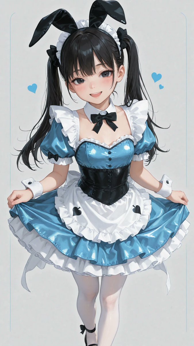 AliceLavli's tweet photo. リクエストいただいた、アリス服をチュチュに見立てた🤵プロンプトをどうぞ✨
Alice-inspired classical ballet tutu, fitted sky-blue satin bodice, softly curved sweetheart neckline, wide white Peter Pan collar, short sky-blue puff sleeves with white ruffled cuffs, large black satin bow centered beneath the collar, structured corset seams outlined with narrow white piping, sharply pointed basque waist, white apron-shaped front panel fitted across the bodice and extending onto the upper tutu, small black embroidered spade symbols along the apron edge, rigid short pancake tutu, multiple layers of white tulle beneath evenly spaced sky-blue satin petal panels, white scalloped lace edging around every blue panel, narrow black ribbon trim, small black bows arranged symmetrically around the tutu, white tights, sky-blue satin pointe shoes with black ankle ribbons, oversized black Alice hair bow, strict sky-blue dress, pure white collar, apron and tulle, black bows and trim, clear Alice silhouette, refined classical ballet construction