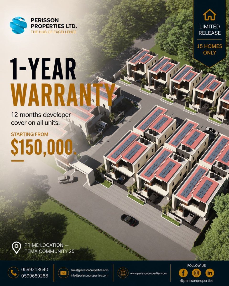 perissonpropt's tweet photo. A home you can feel good about investing in.

Fosua Gardens offers modern homes in Tema Community 25, backed by a 12 month developer warranty.

Enquire today to secure your unit.

#FosuaGardens #RealEstateGhana #TemaCommunity25 https://t.co/uSUqL6fivd